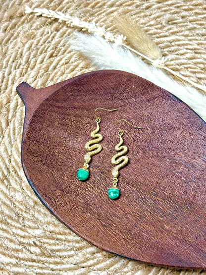 Malachite + Gold Snake Earrings