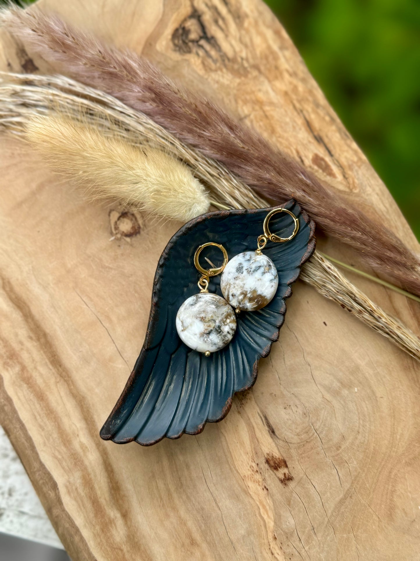 White Dendritic Opal + Gold Disc Earrings