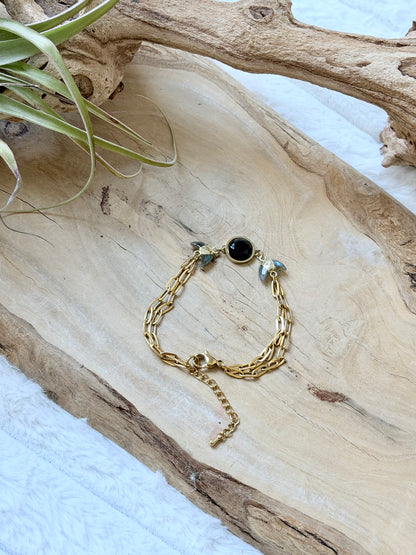 Black Obsidian + Labradorite Gold Moon Bracelet