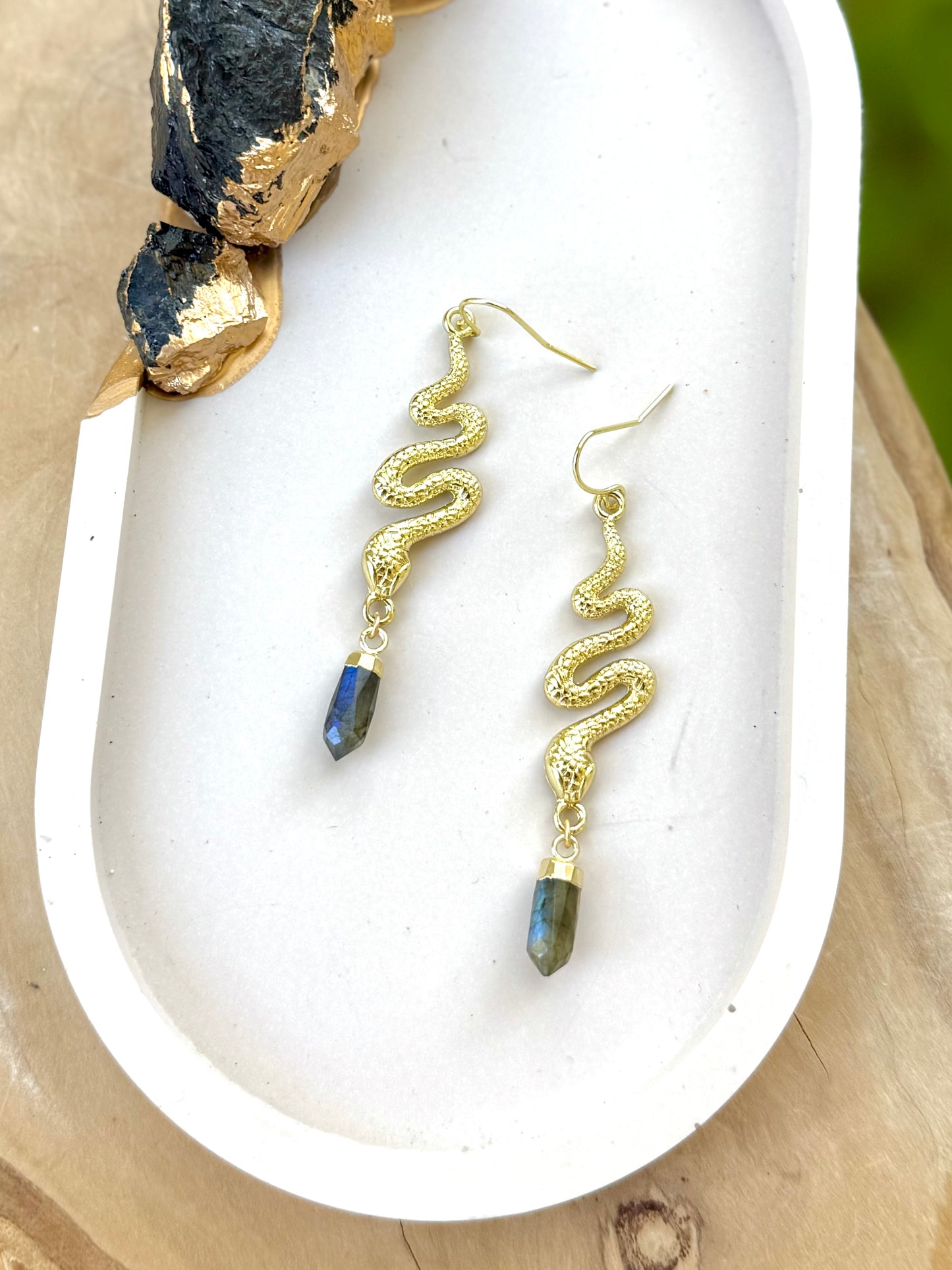 Labradorite + Gold Snake Earrings