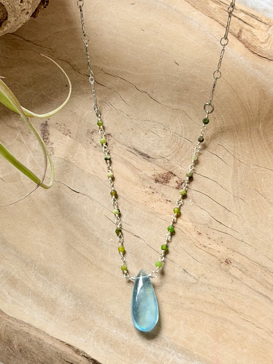 Aquamarine + Green Opal Silver Necklace
