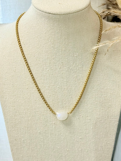 Rainbow Moonstone + Matte Gold Half Moon Necklace