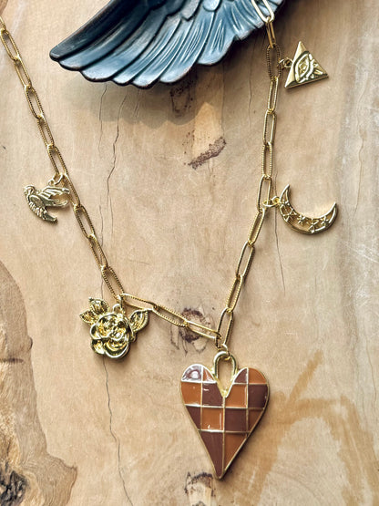 Brown + Tan Checkered Heart Charm Necklace