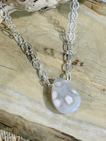 Cherry Blossom Agate + Silver Necklace