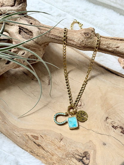 Turquoise + Labradorite Gold Carabiner Charm Necklace