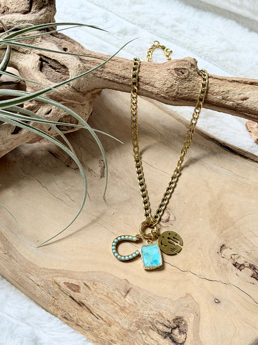 Turquoise + Labradorite Gold Carabiner Charm Necklace