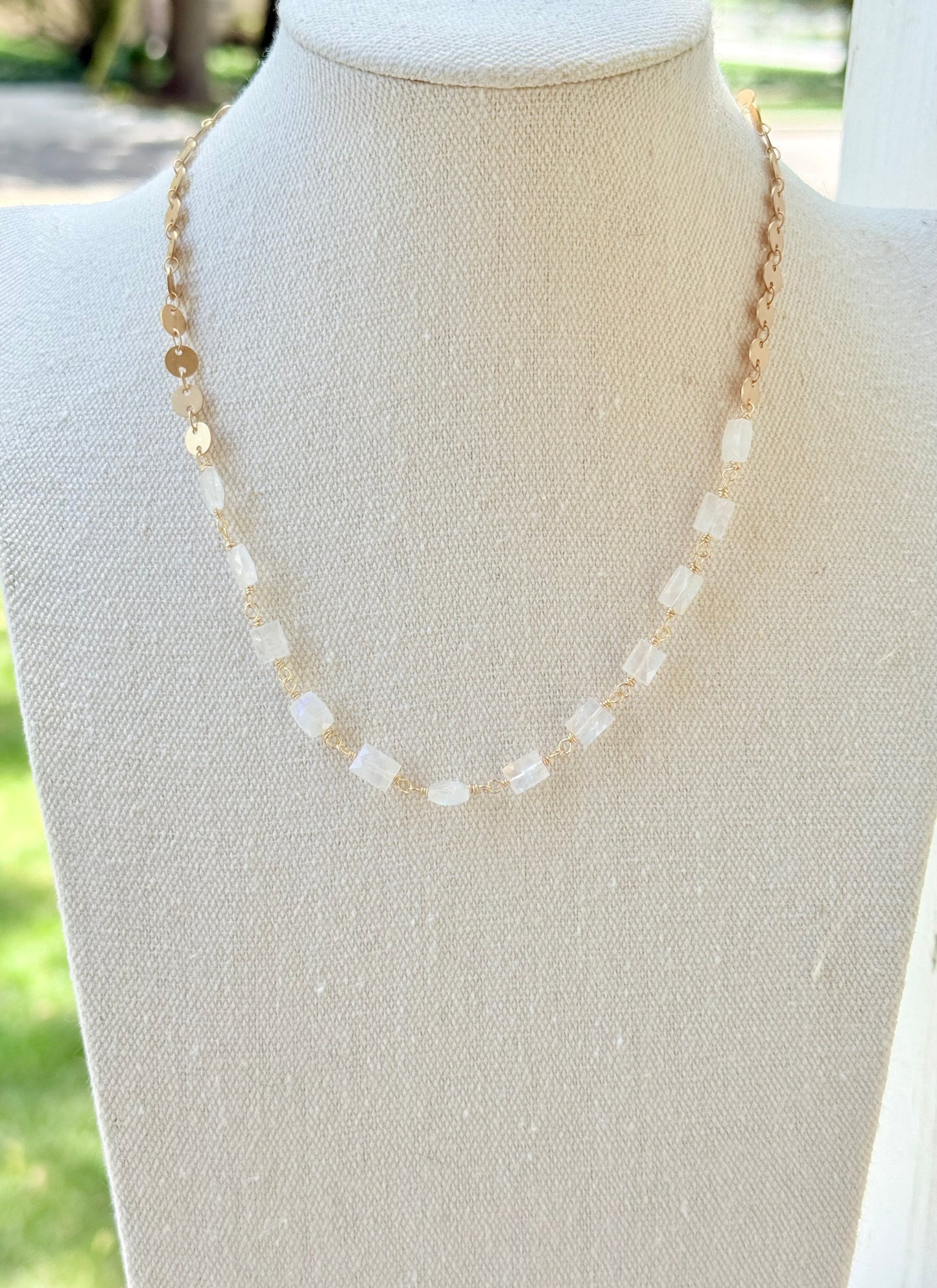 Rainbow Moonstone + Matte Gold Sequin Necklace