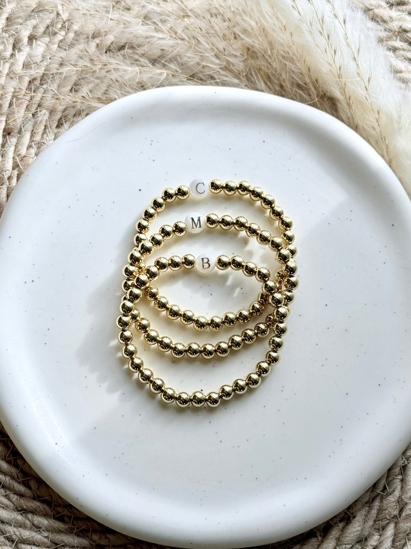 Mother of Pearl Letter + Gold Beaded Bracelet