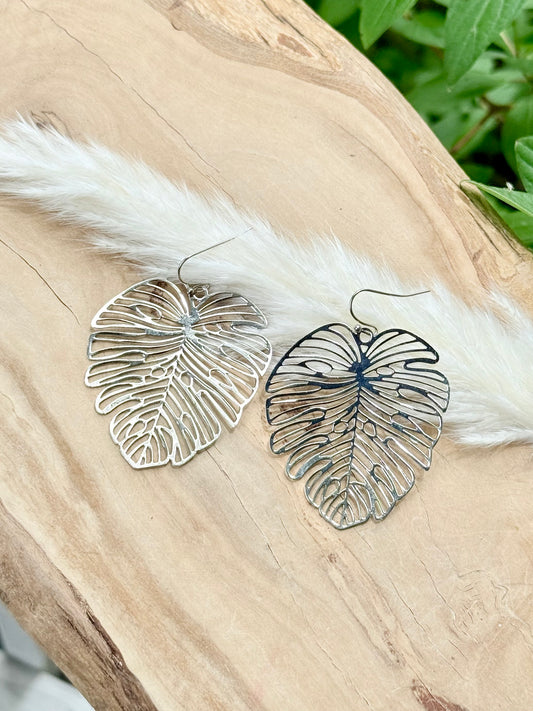 Silver Monstera Leaf Earrings