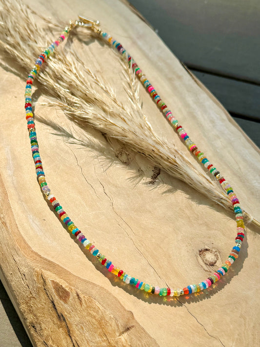 Bright Rainbow Ethiopian Opal + Gold Necklace