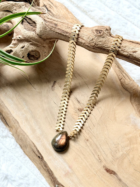 Rainbow Labradorite + Matte Gold Fishbone Chain Necklace
