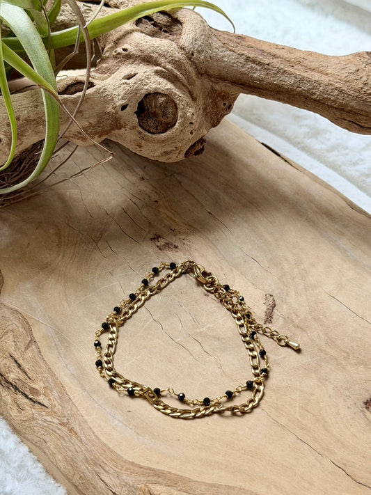 Black Onyx + Gold Stainless Steel Skinny Duet Bracelet