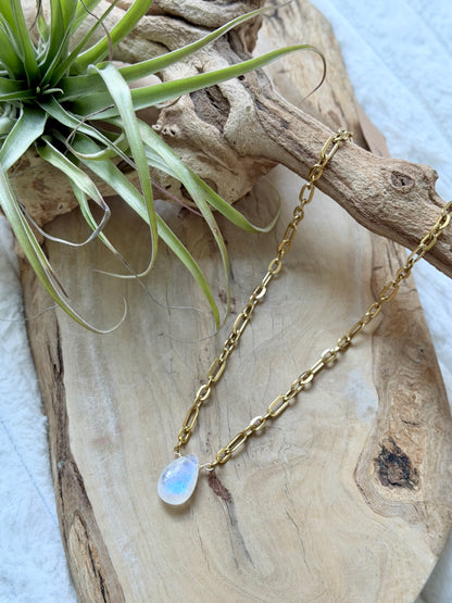 Rainbow Moonstone + Gold Stainless Necklace