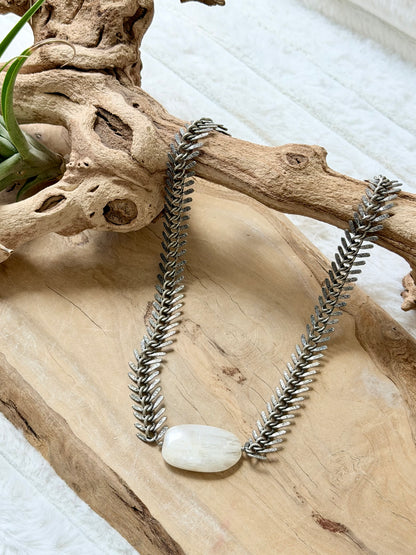 White Moonstone + Antique Silver Fishbone Necklace