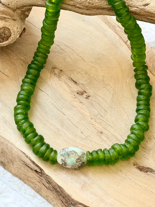 Ethiopian Opal + Lime Green African Glass Gold Chunky Necklace