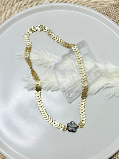 Gold Obsidian Flower + Matte Gold Half-Moon Chain Necklace