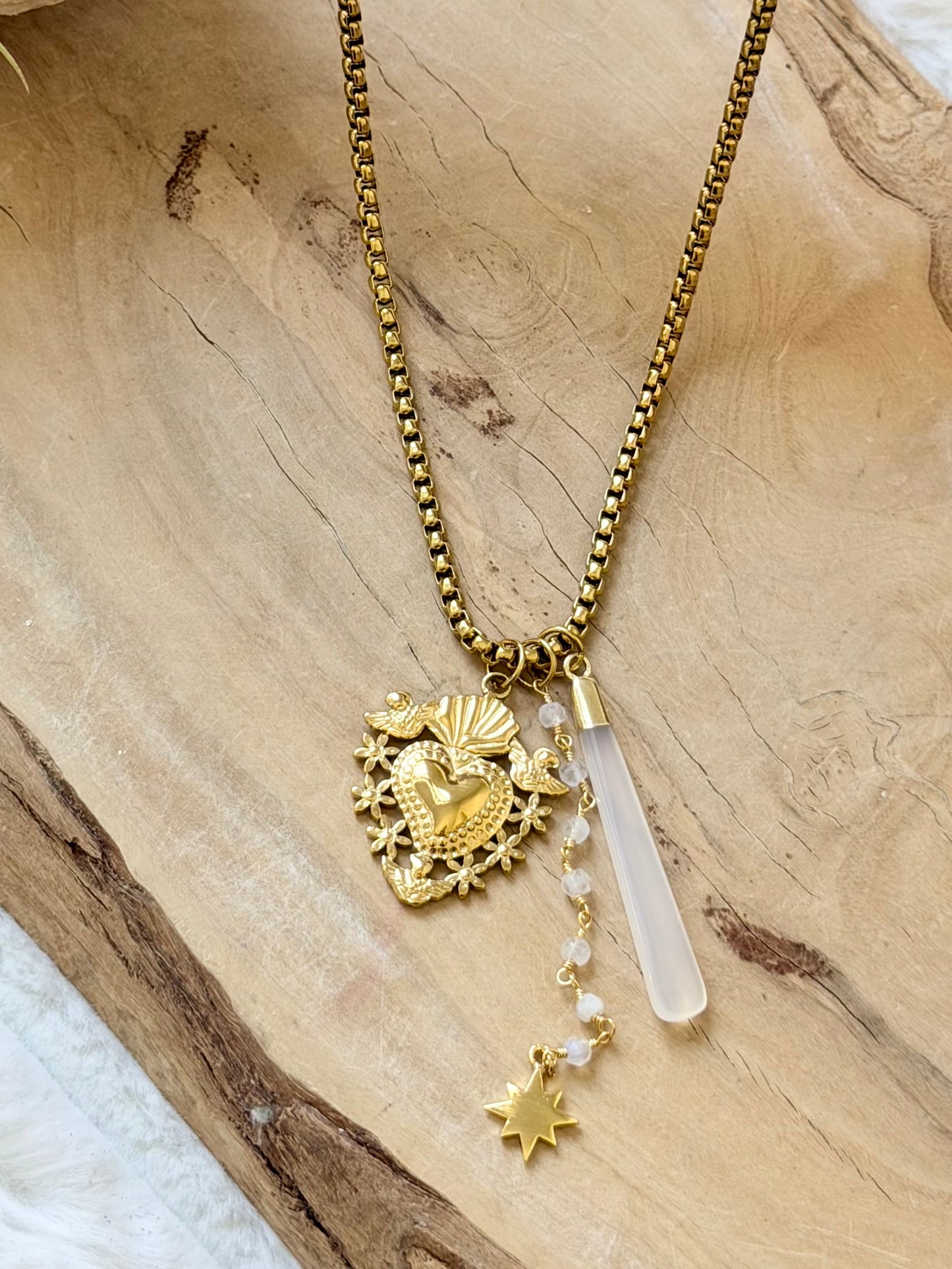 Moonstone + Chalcedony Gold Stainless Steel Necklace