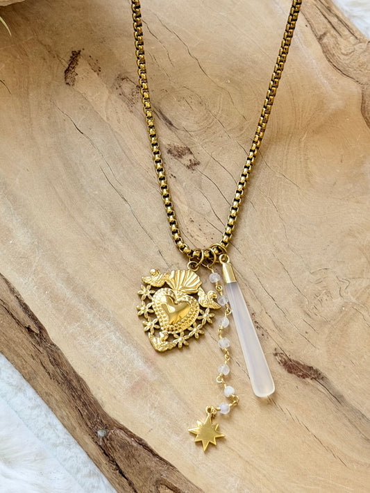 Moonstone + Chalcedony Gold Stainless Steel Necklace