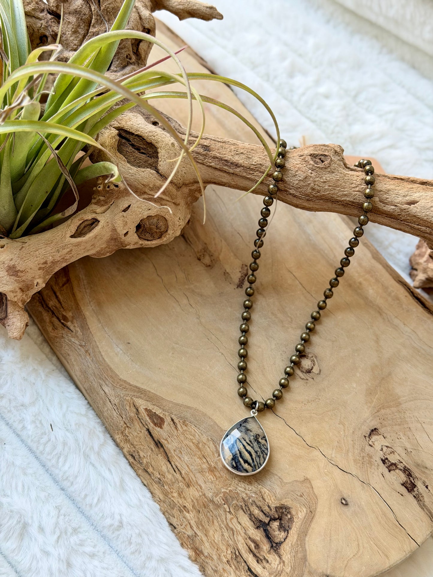 Dendritic Opal + Antique Brass Ball Chain Necklace