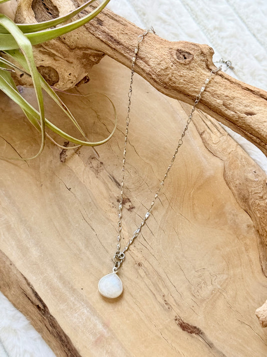Rainbow Moonstone + Silver Stainless Steel Necklace