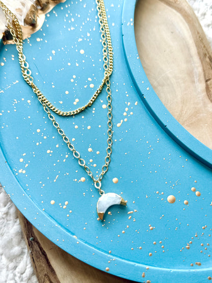 Rainbow Moonstone Moon + Gold Duet Necklace