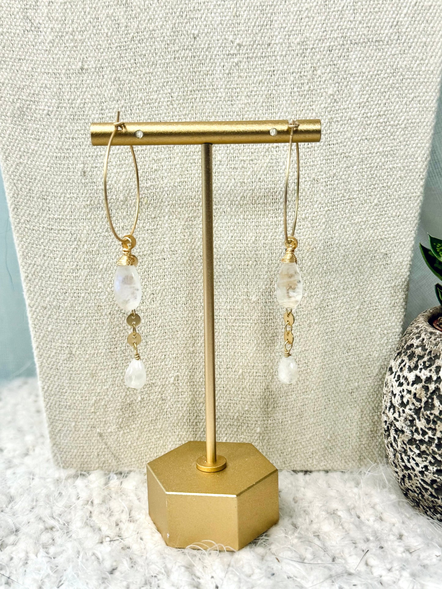 Rainbow Moonstone + Matte Gold Hoop Earrings