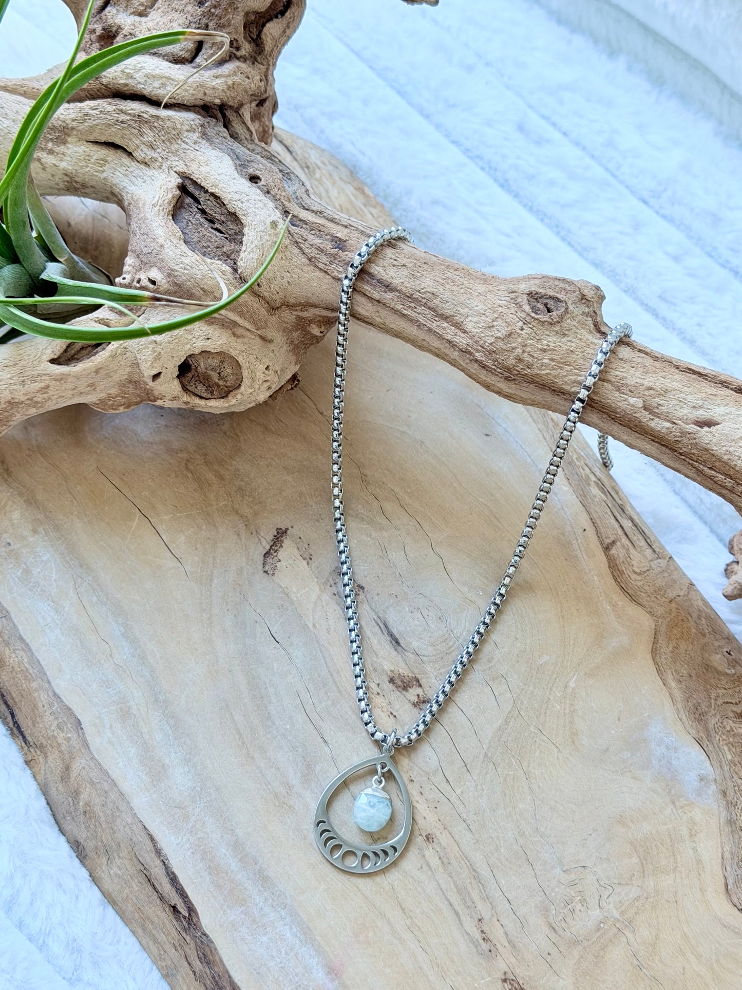 Aquamarine + Stainless Moon Phases Necklace