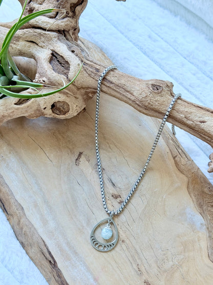 Aquamarine + Stainless Moon Phases Necklace