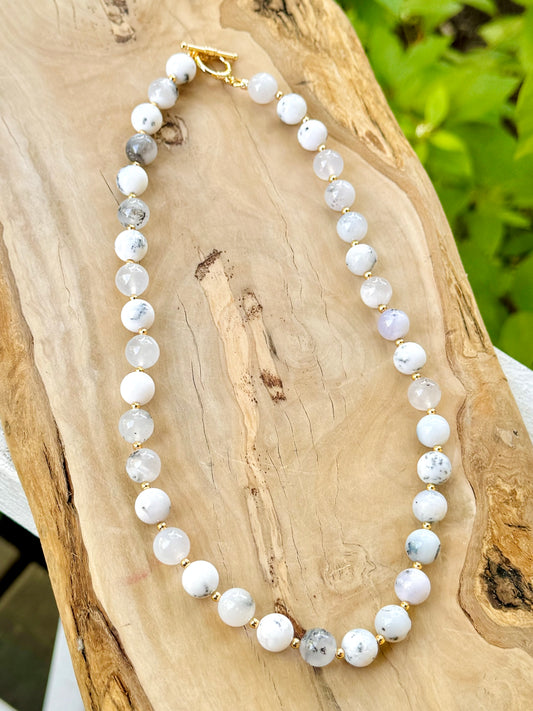 Chunky White Opal + Gold Beaded Necklace