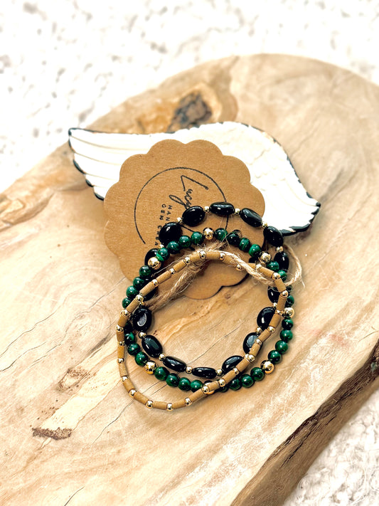 Malachite + Obsidian in Gold (3-stack)