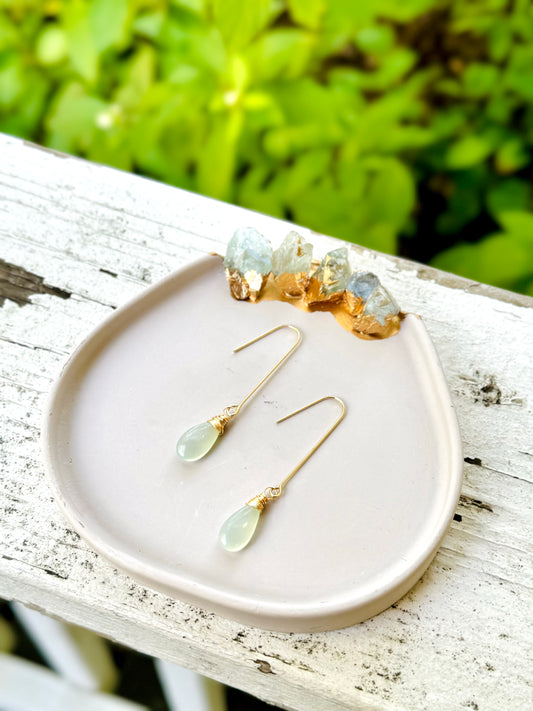 Pale Green Chalcedony + Gold Earrings