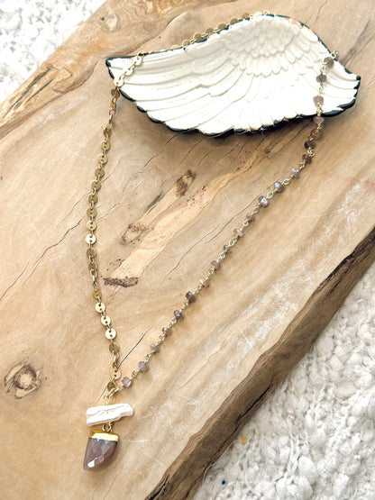 Chocolate Moonstone  + Freshwater Pearl Matte Gold  Necklace