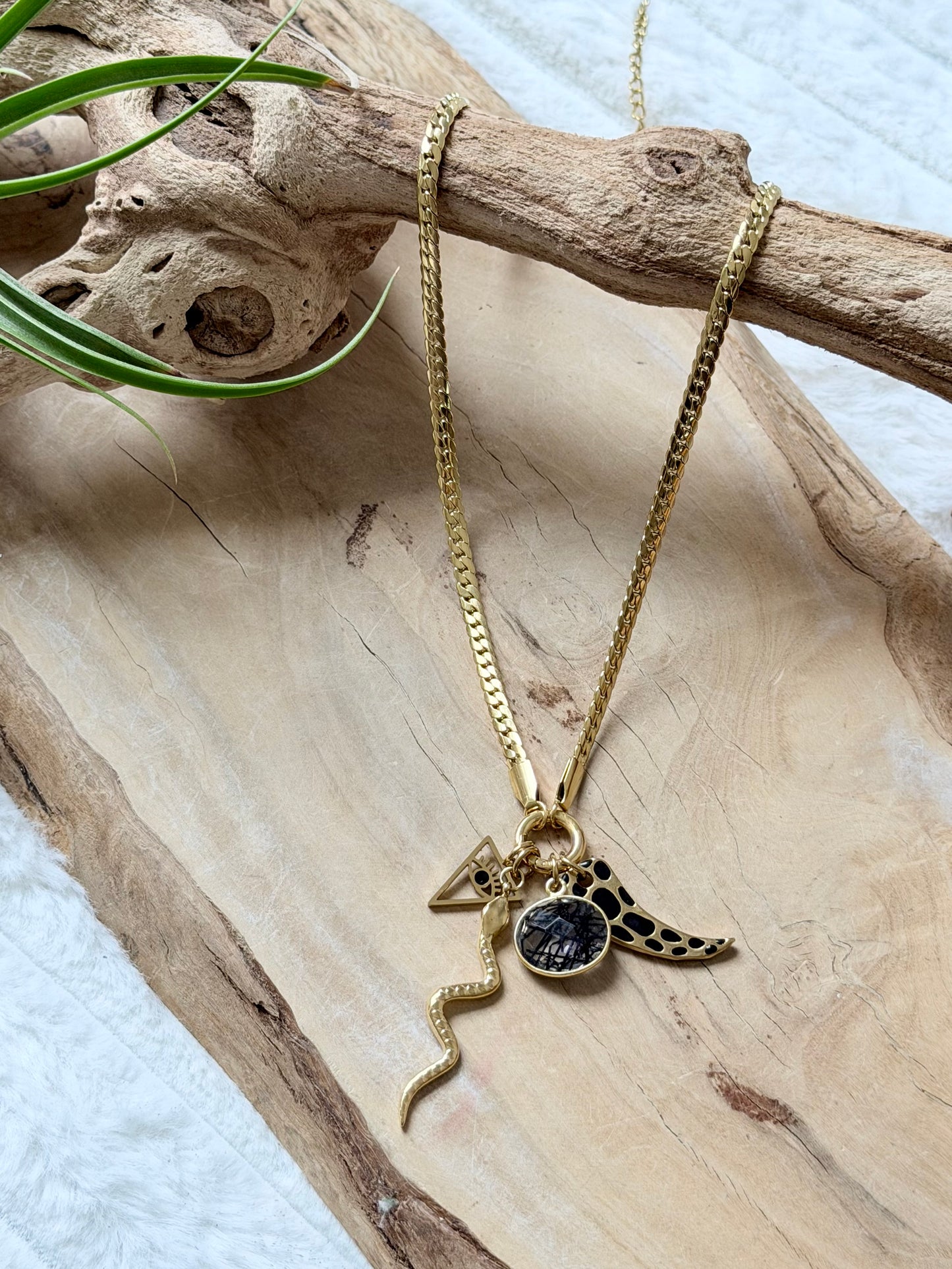 Tourmaline in Quartz + Gold Carabiner Herringbone Necklace