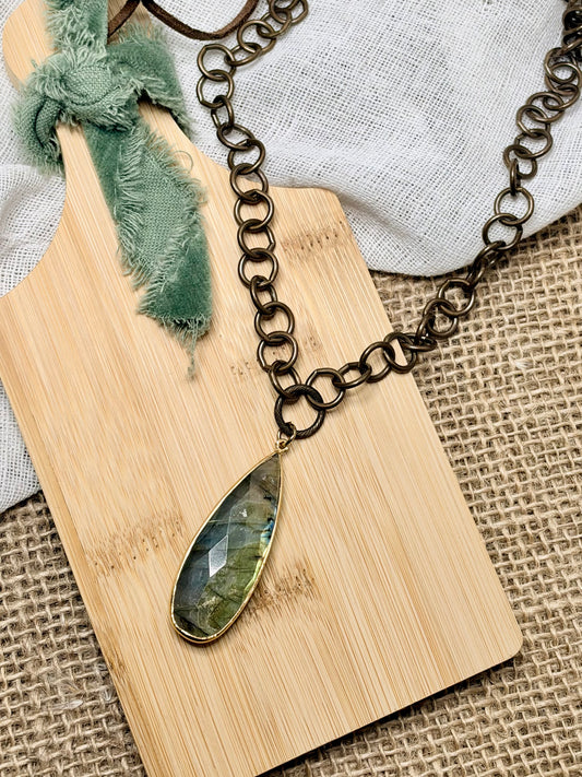 Labradorite Drop + Antique Brass Necklace