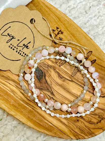 Cherry Blossom Agate + Moonstone in Silver (3-stack)