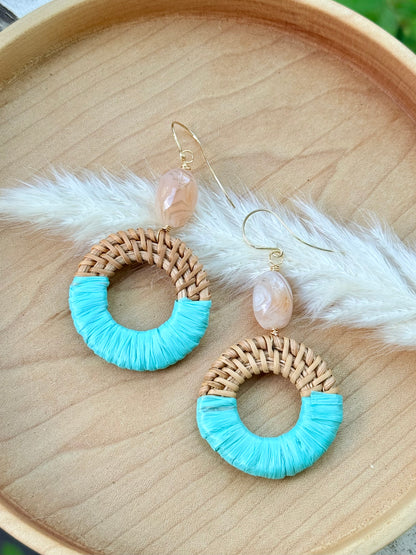 Peach Botswana Agate + Gold Rattan Earrings