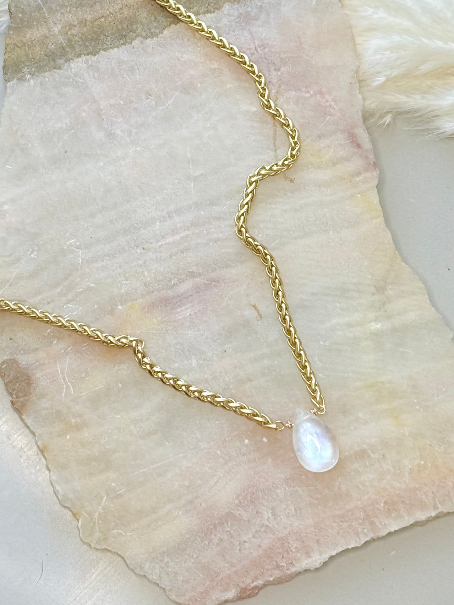 Rainbow Moonstone + Matte Gold Necklace
