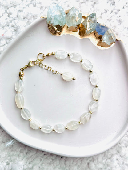 White Oval Moonstone + Gold Adjustable Bracelet