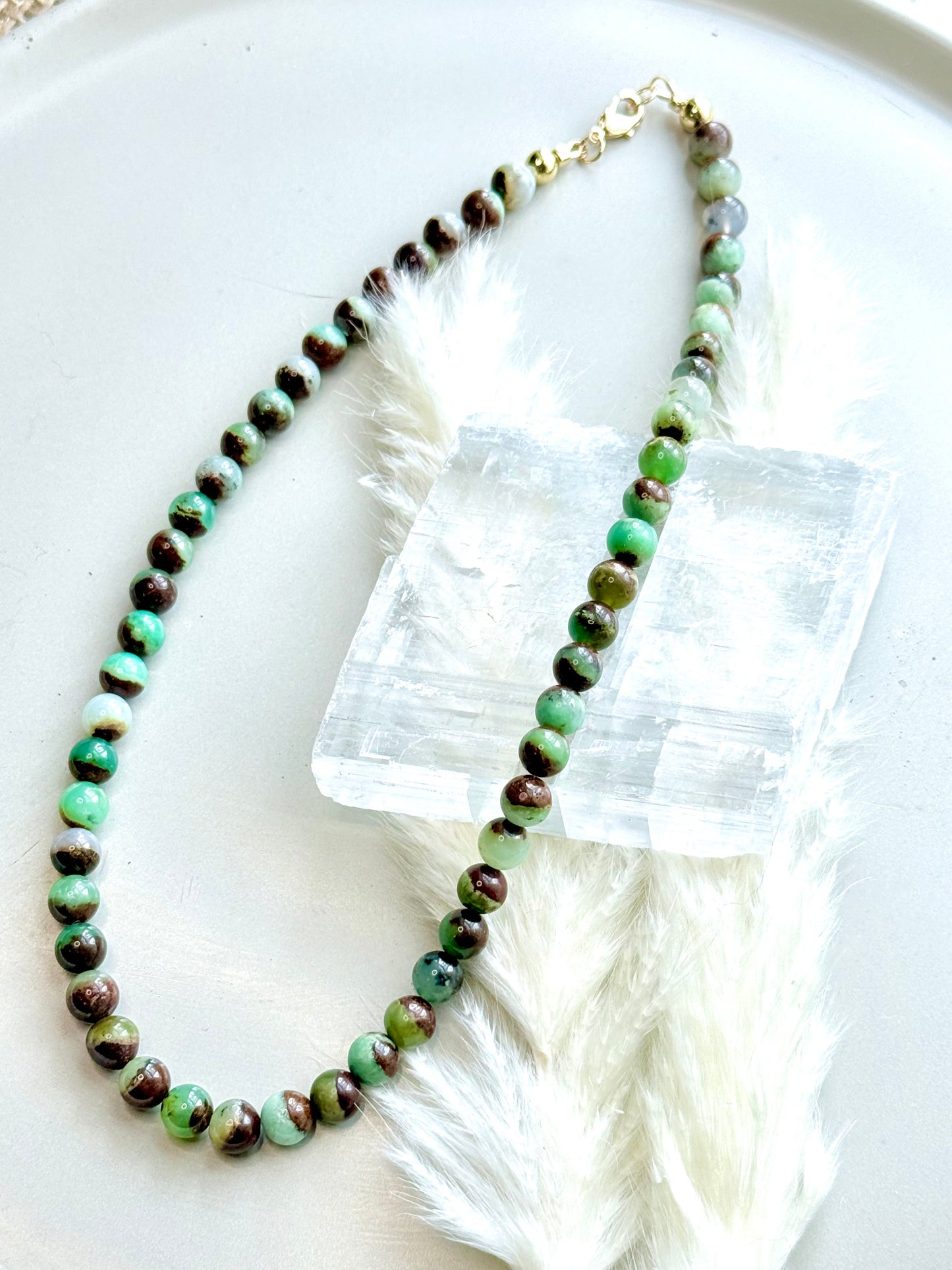 Brown/Green Chrysoprase + Gold Beaded Necklace