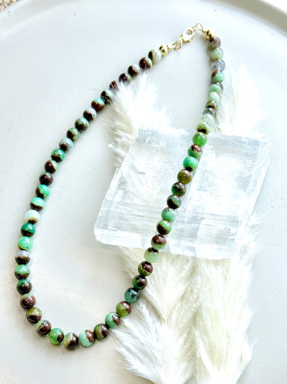Brown/Green Chrysoprase + Gold Beaded Necklace
