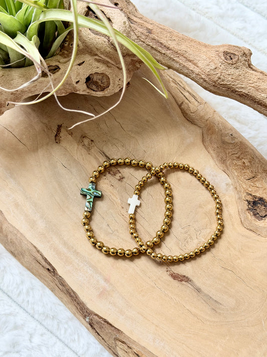 Shell + Gold Stainless Steel Cross Bracelet