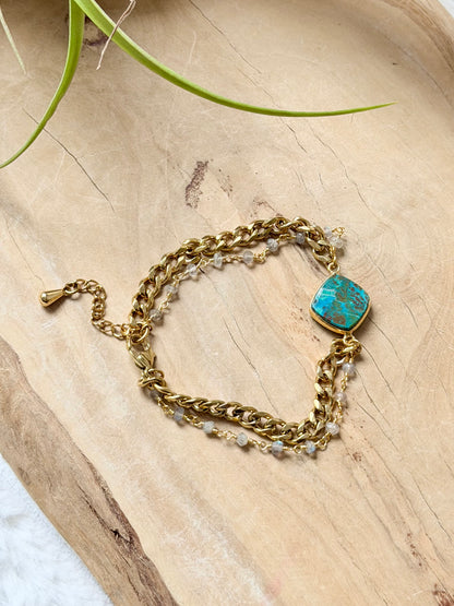 Chrysocolla + Labradorite Duet Bracelet in Gold Stainless Steel