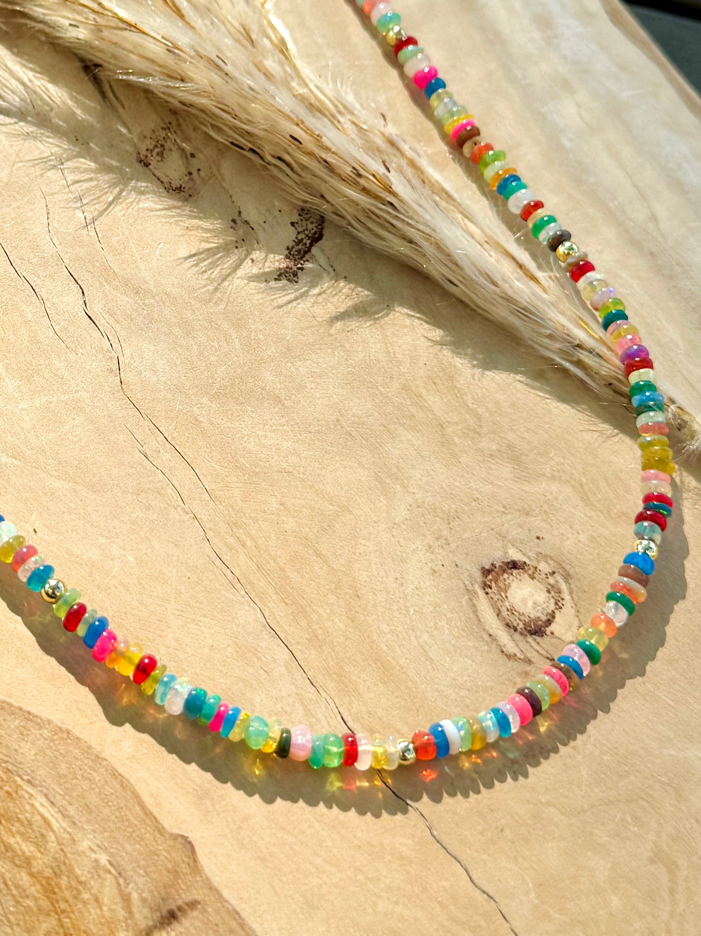 Bright Rainbow Ethiopian Opal + Gold Necklace