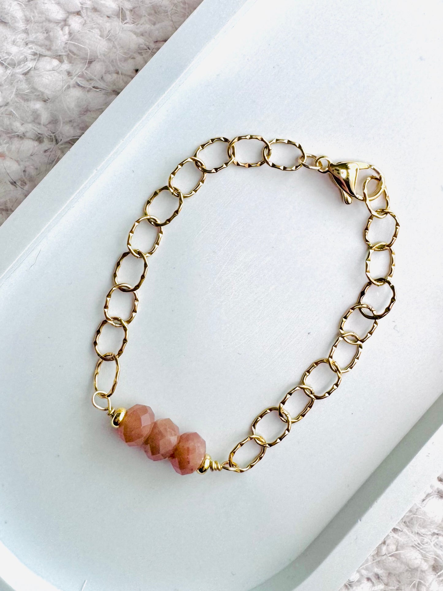 Peach Moonstone + Gold Chain Bracelet