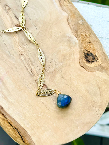 Labradorite + Gold Filigree Lariat Necklace