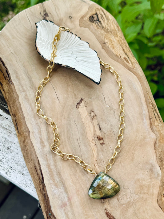 Labradorite Triangle Pendant + Matte Gold Necklace