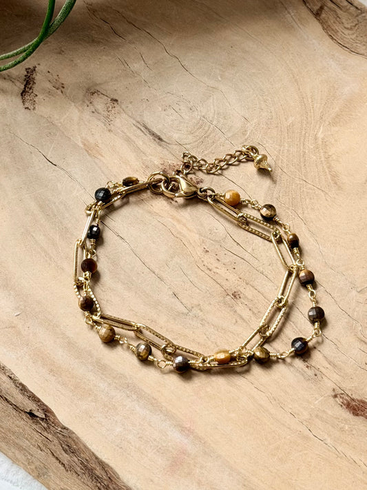 Tiger Eye + Gold Stainless Steel Duet Bracelet