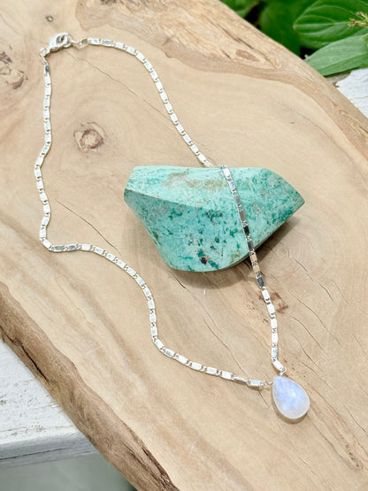 Rainbow Moonstone Teardrop + Silver Necklace