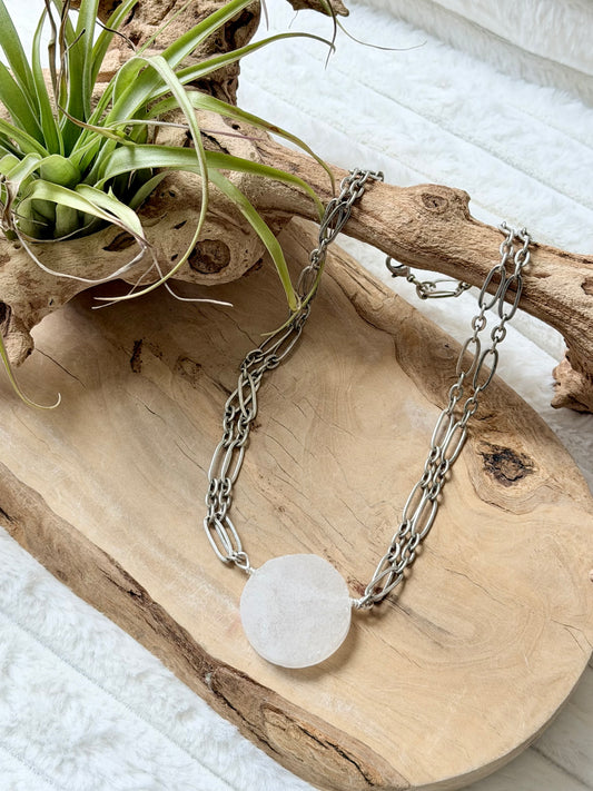 White Druzy Agate + Antique Silver Necklace