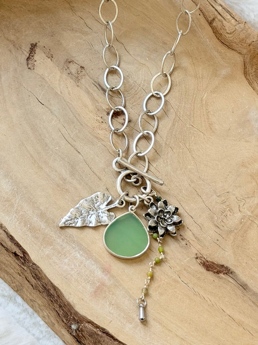 Chrysoprase + Green Opal Antique Silver Toggle Necklace